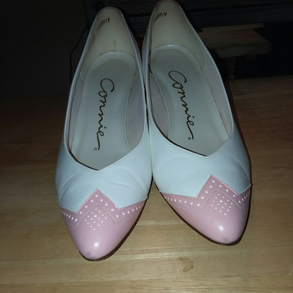 Connie Spectator Pink and White 3 in heels.
